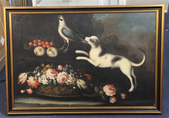 18th Century Neapolitan School Still life of fruit and flowers with a dog and a jay 24 x 36in.